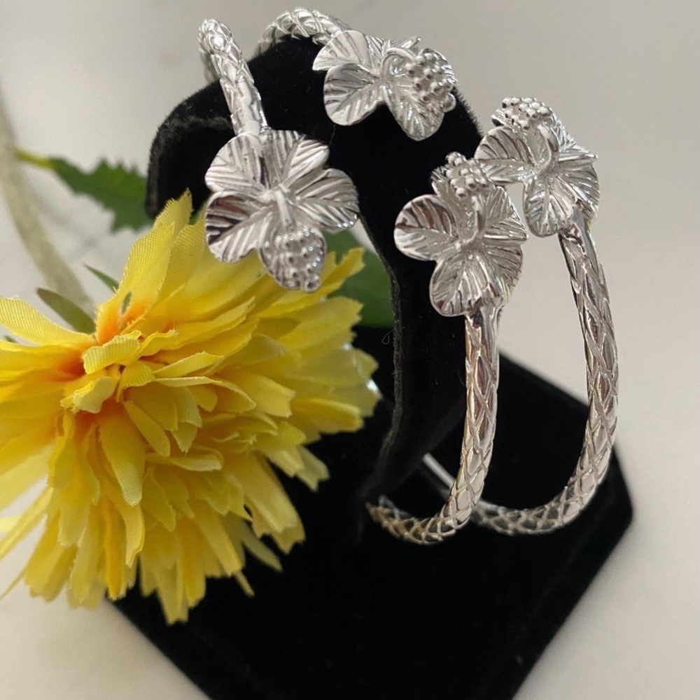 West Indian 925 Sterling Silver Flower Bangle SET (2) Women/Men